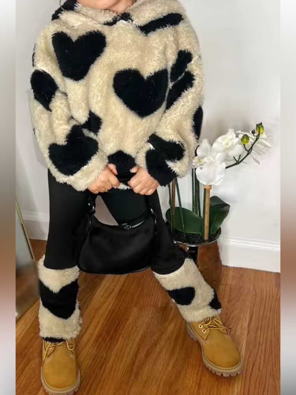 SHEIN Black & Cream Heart Fleece 5Y(5t) hoodie jacket w ears. Too Cute 💞